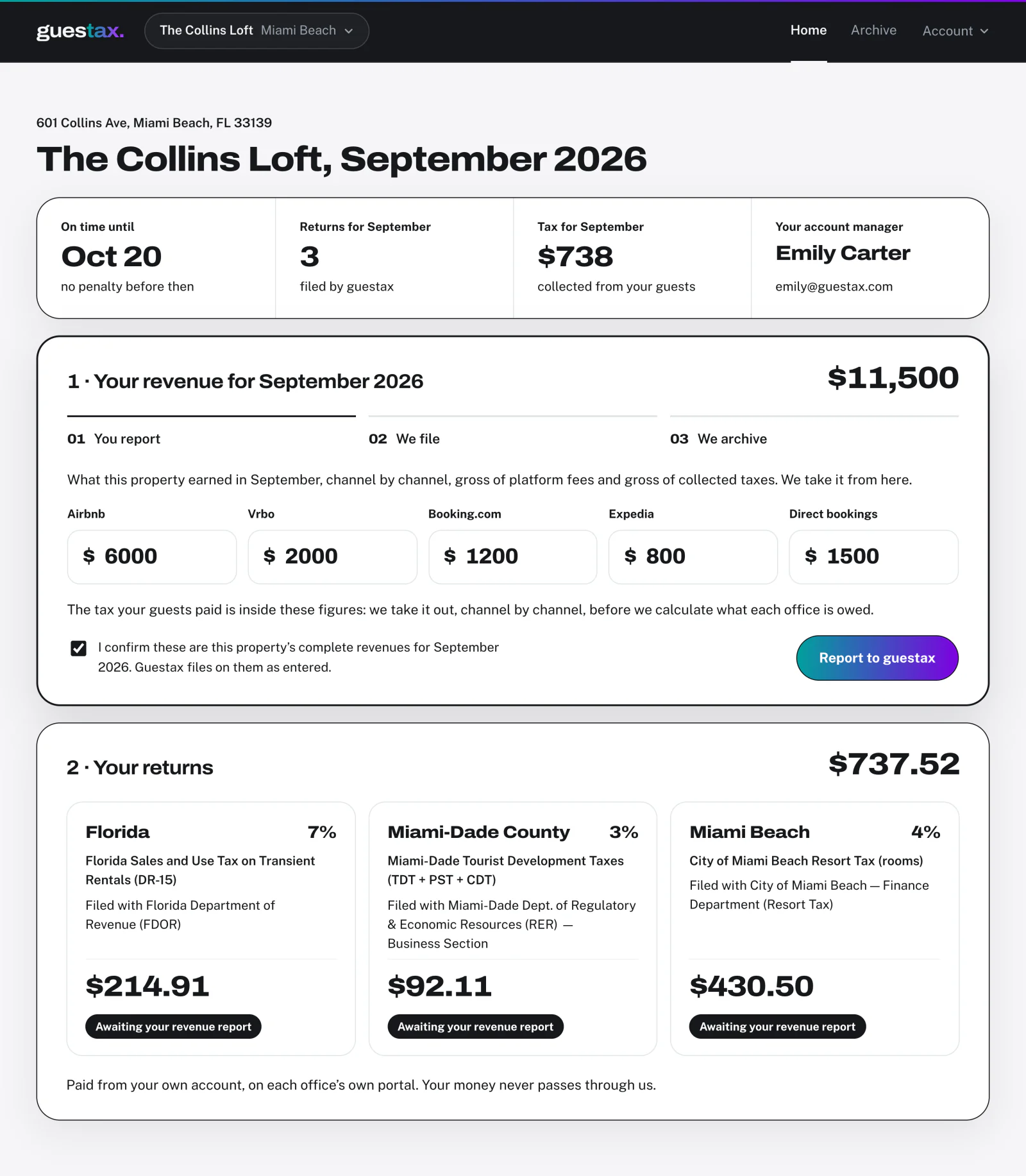 guestax dashboard: You report